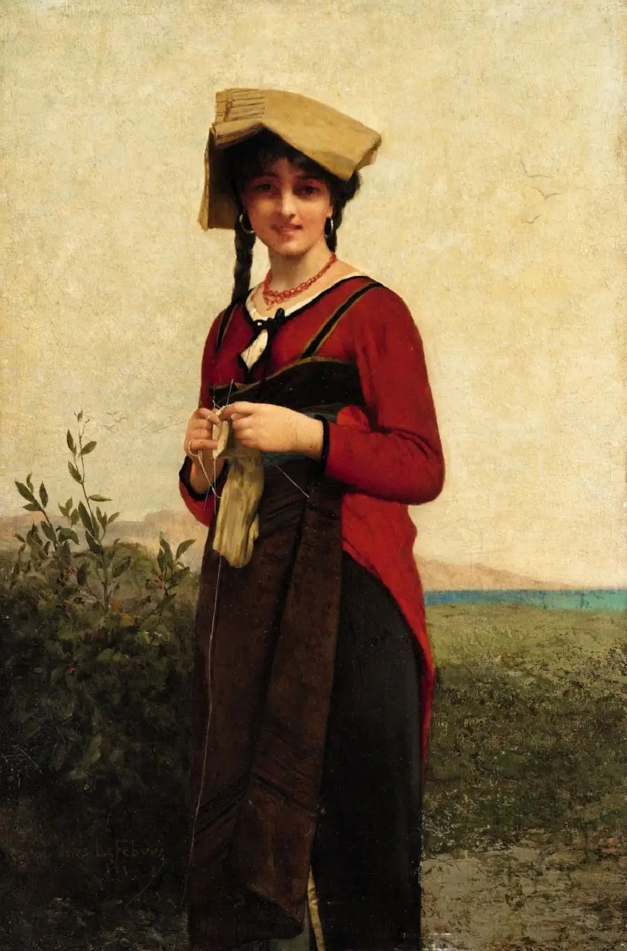 Italialainen nainen neulomassa - Jules Lefebvre
