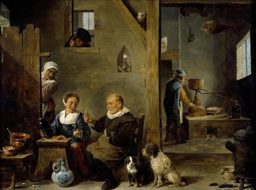 Asetuspanimo, jossa vanhempi mies ostaa giniä naiselta - David Teniers nuorempi