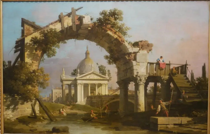 Kuppelmallinen kirkko nähtävissä raunioituneen kaaren läpi - Canaletto