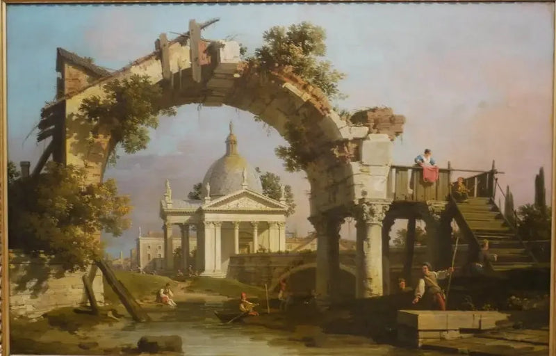 Kuppelmallinen kirkko nähtävissä raunioituneen kaaren läpi - Canaletto