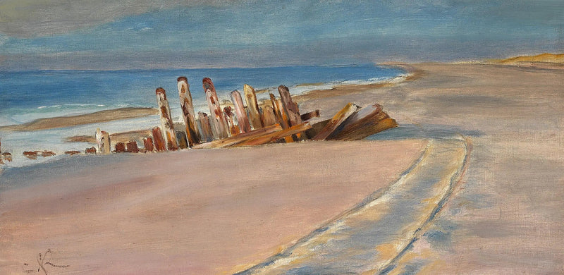 Laiva hylky Skagenin pohjoisrannalla. Syvät pyörän jäljet hiekassa. - Peder Severin Krøyer