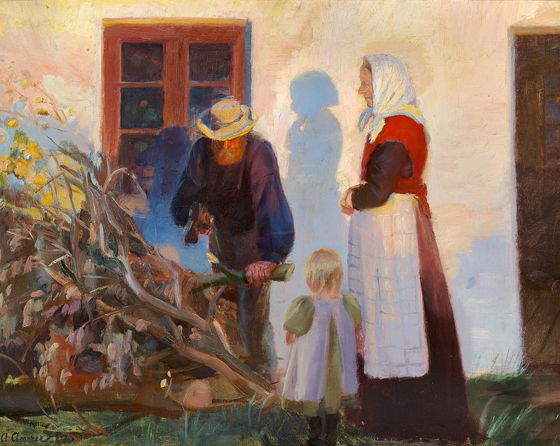 Skagenilainen perhe leikkaa oksia talon edessä. - Anna Ancher