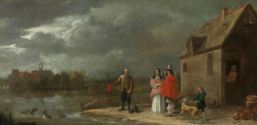 Perhe seisoo maisemassa, taustalla talo, jonka ympärillä on vallihaudat - David Teniers nuorempi
