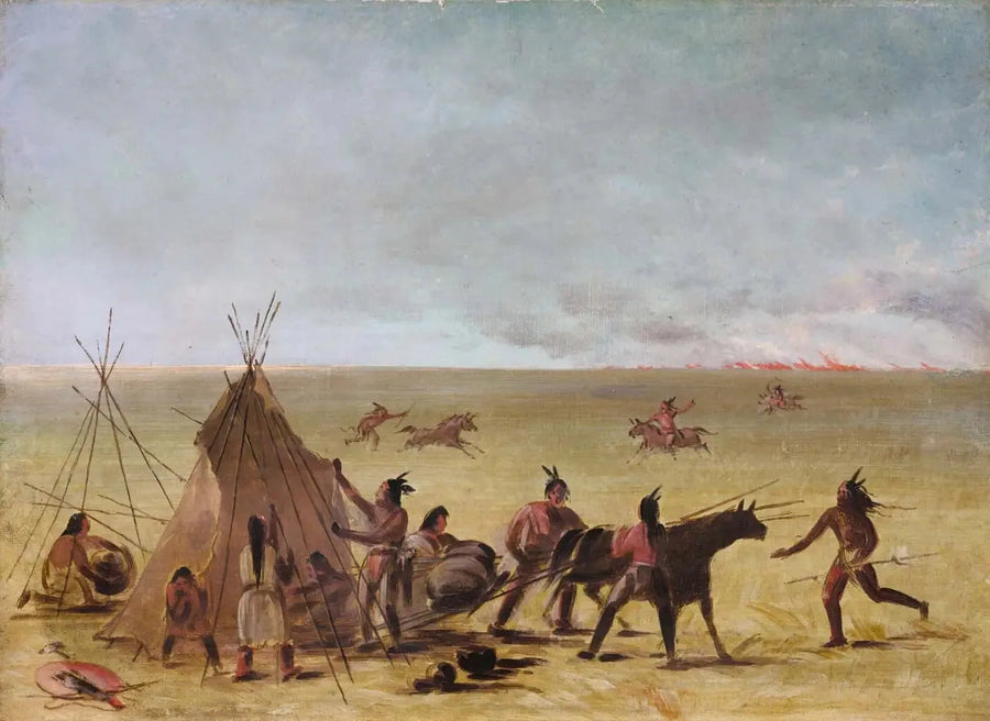 Intialainen perhe huolestunut tulipalon lähestymisestä preerioilla - George Catlin
