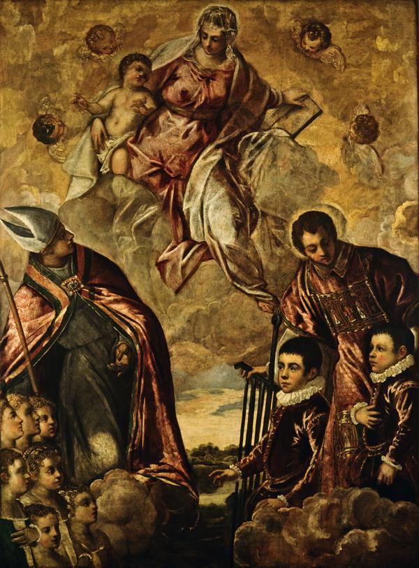 Venetsialainen perhe esitetään Neitsyt Marian ja pyhän piispa Laurentuksen sekä pyhän piispan edessä - Jacopo Tintoretto