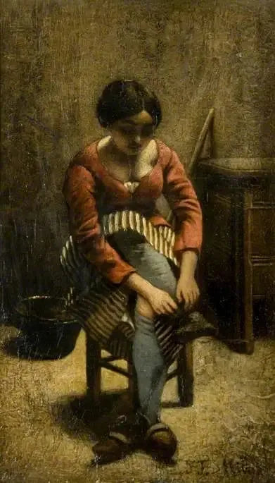 Nainen säätää sukkahousuaan - Jean-François Millet