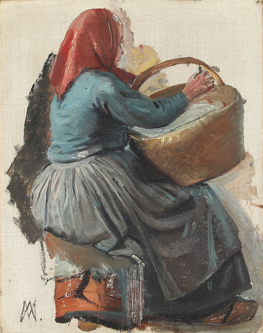 Nainen takaapäin nähtynä, kori kädessään ja punainen huivi päässään. - Michael Peter Ancher