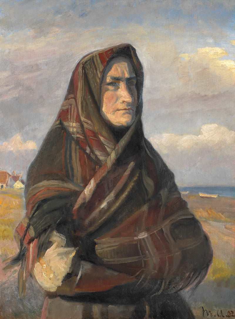 Ruutukuvioiseen shaaliin pukeutunut kalastajan vaimo seisoo dyyneillä lähellä Skagenia ja katselee merelle. - Michael Peter Ancher