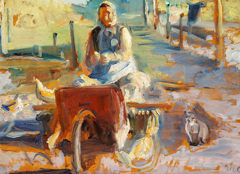 Skagenilainen nainen kissan ja kanojen kanssa. - Michael Peter Ancher
