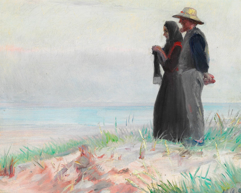 Skagenilainen nainen neulomassa ja hänen miehensä rannalla. - Michael Peter Ancher