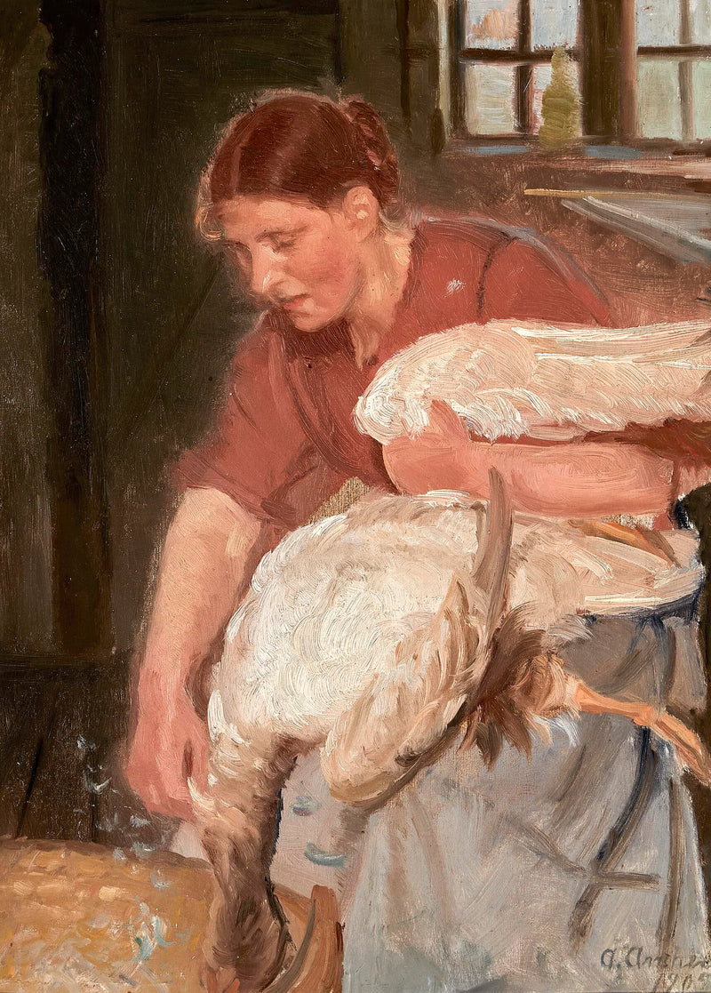 Skagenilainen nainen kynii hanhen. - Anna Ancher