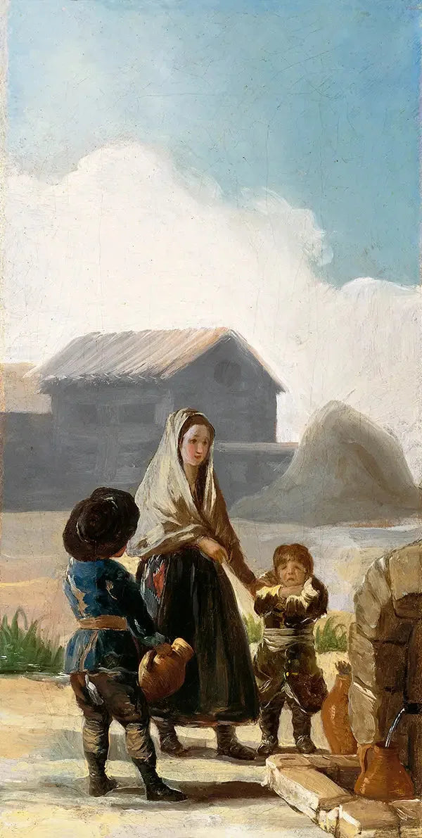 Nainen ja kaksi lasta suihkulähteellä - Francisco de Goya