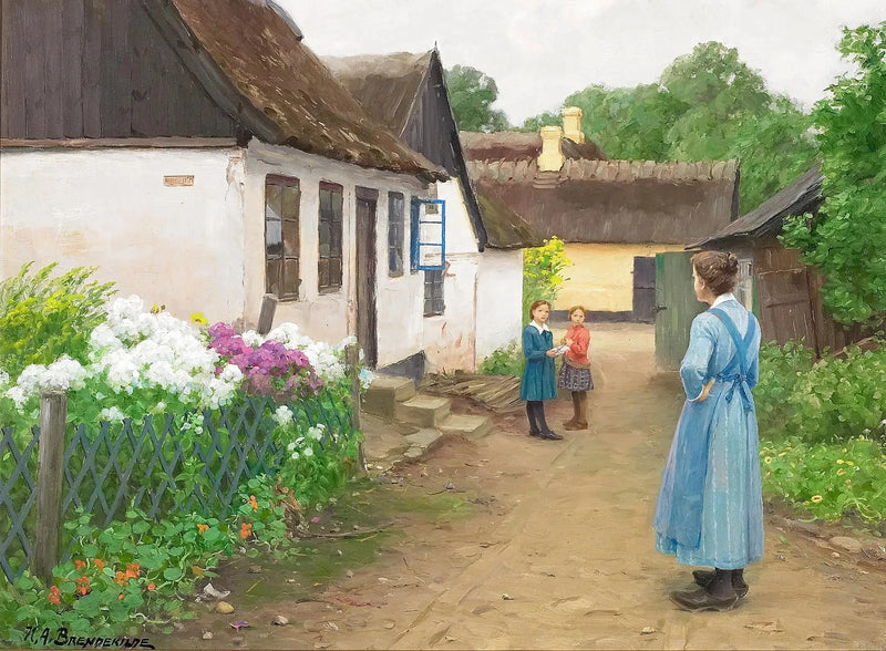 Nainen ja muutamia lapsia pienen kylän kadulla. - H. A. Brendekilde