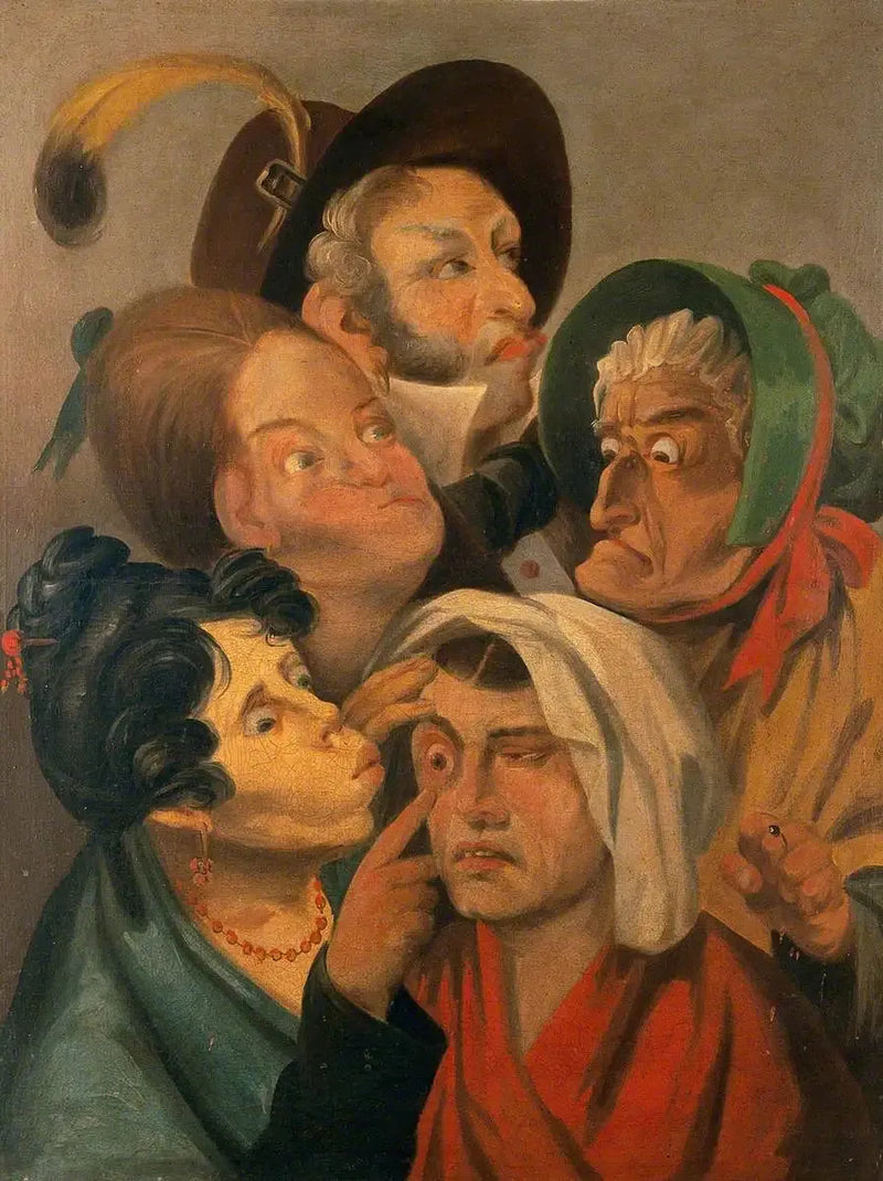 Nainen tutkii toista naista koskettavaa silmää, kun mies ja muut naiset seisovat vieressä - Louis-Léopold Boilly