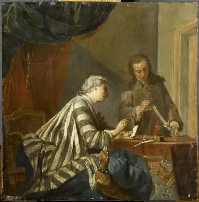 Nainen kiireisenä ostamassa kirjainta - Jean Siméon Chardin