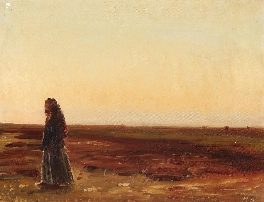 Nainen palaamassa kotiin nummelle auringonlaskun aikaan. - Michael Peter Ancher