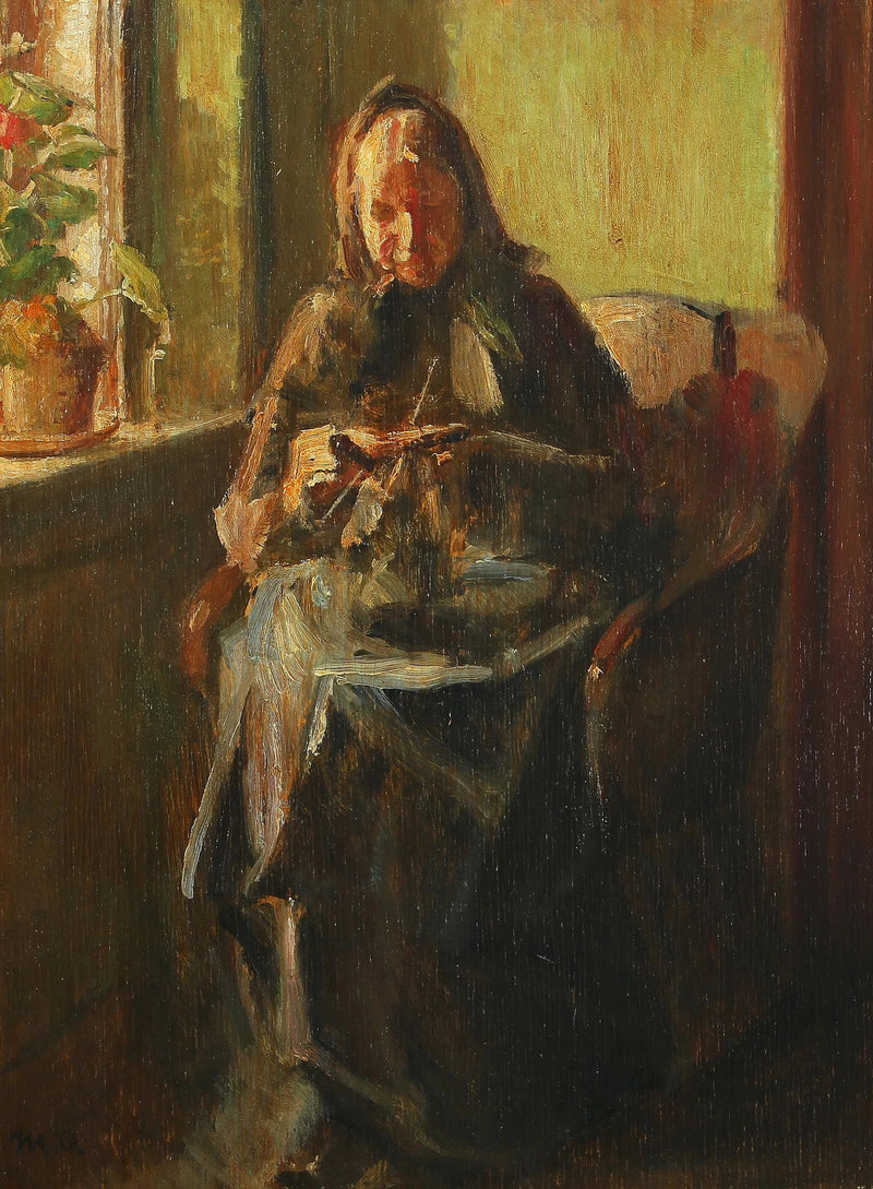 Nainen neuloo aurinkoisessa huoneessa. - Michael Peter Ancher