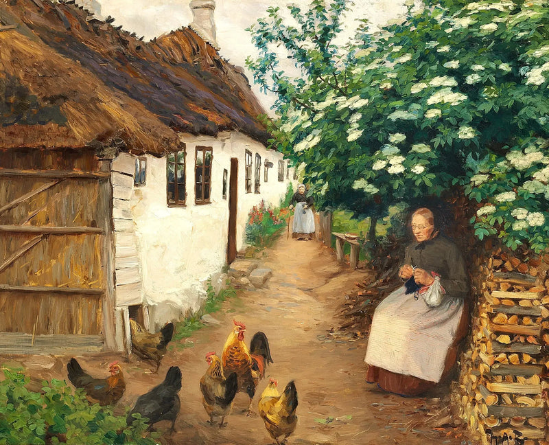 Nainen neuloo vanhan talon vieressä. - H. A. Brendekilde