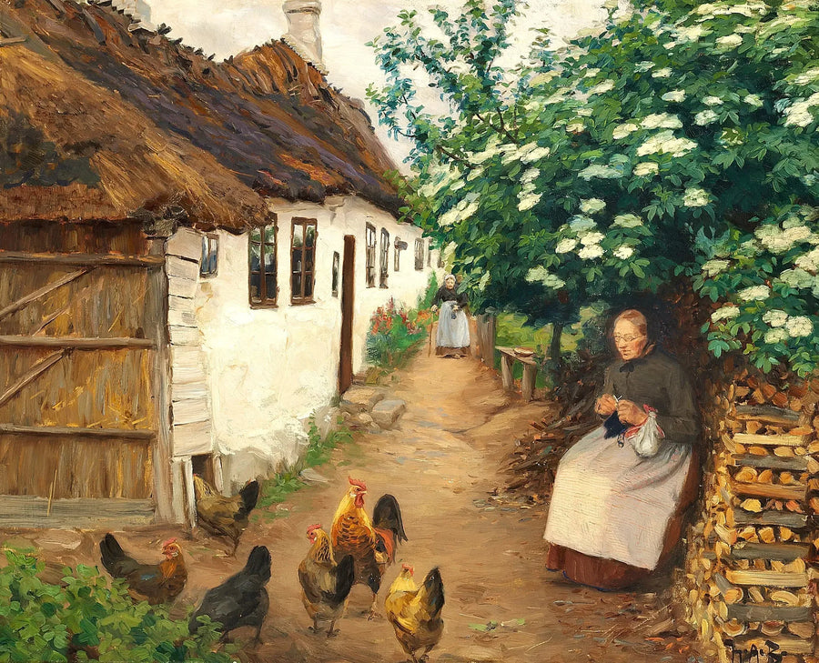 Nainen neuloo vanhan talon vieressä. - H. A. Brendekilde
