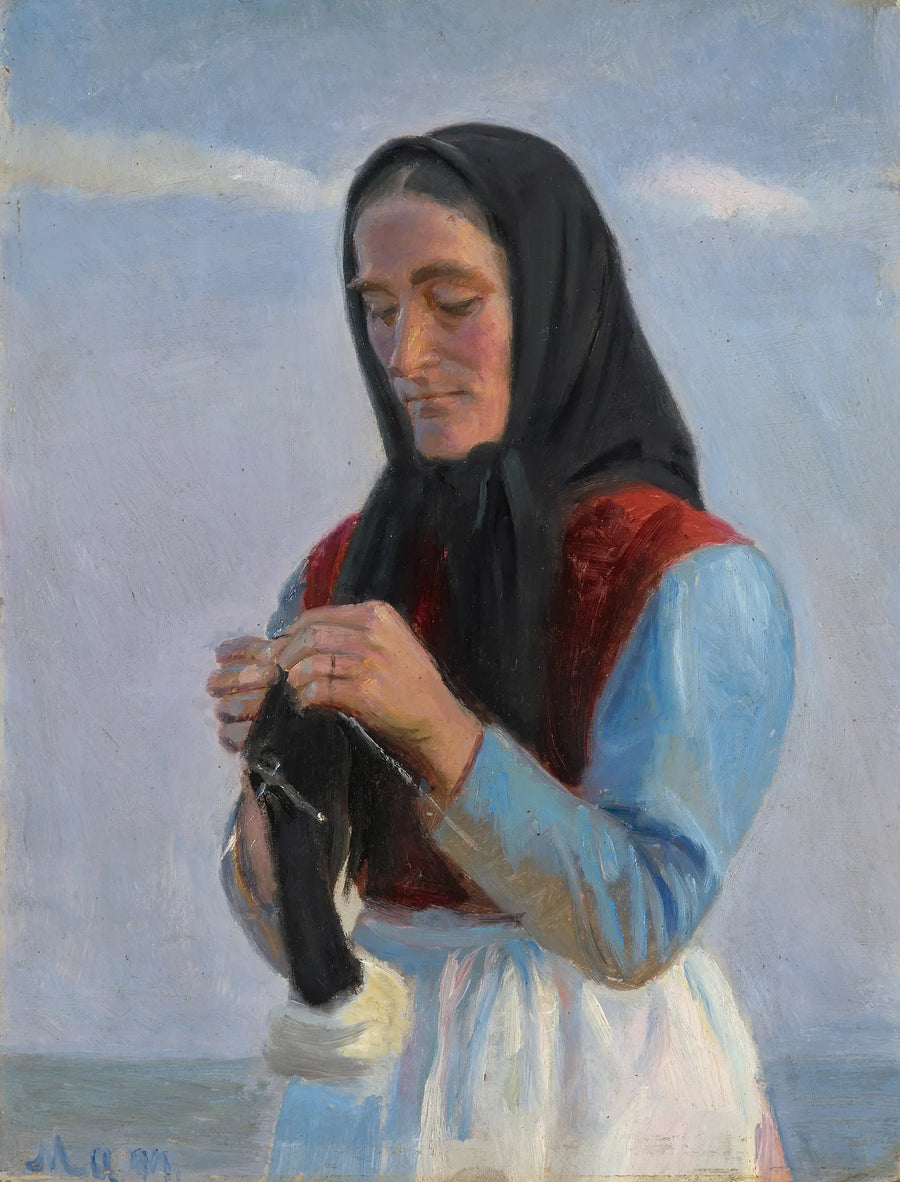 Nainen neuloo rannalla. - Michael Peter Ancher