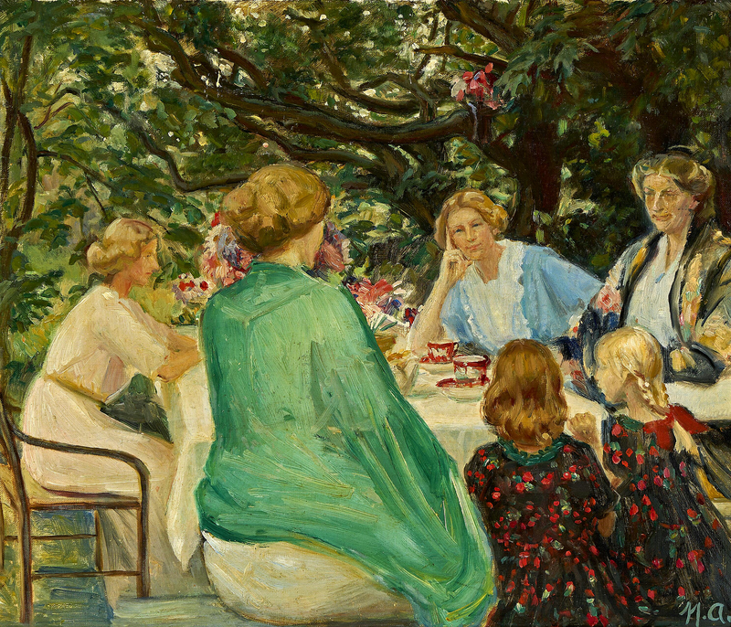 Juhlat kahvikupillisen äärellä puutarhassa Skagenissa kesäpäivänä. - Michael Peter Ancher