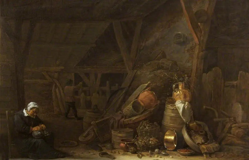 Aitta still life - keittiövälineitä ja nukkumassa oleva kokki - David Teniers nuorempi