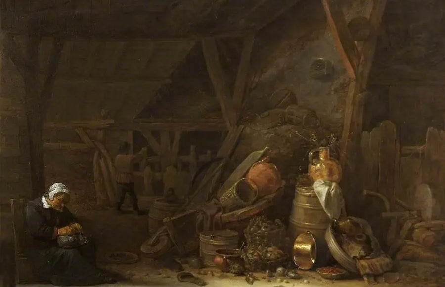Aitta still life - keittiövälineitä ja nukkumassa oleva kokki - David Teniers nuorempi
