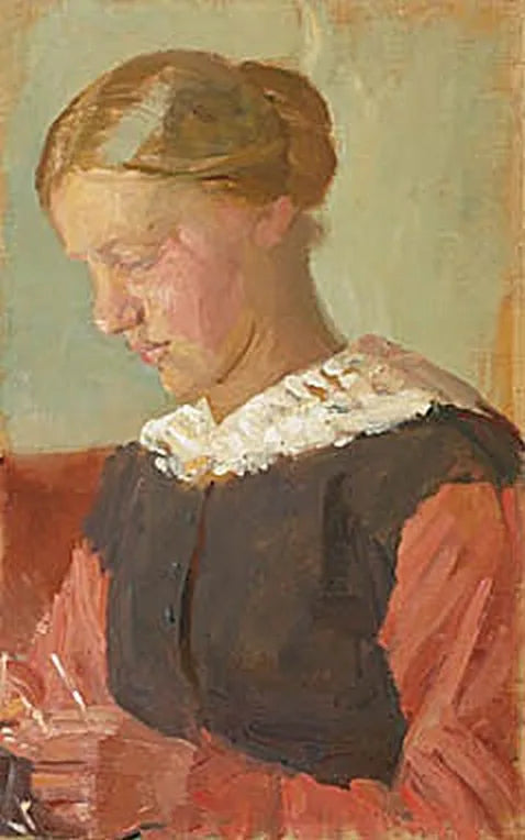 Nuori nainen istuu hiukset pystyssä. - Anna Ancher