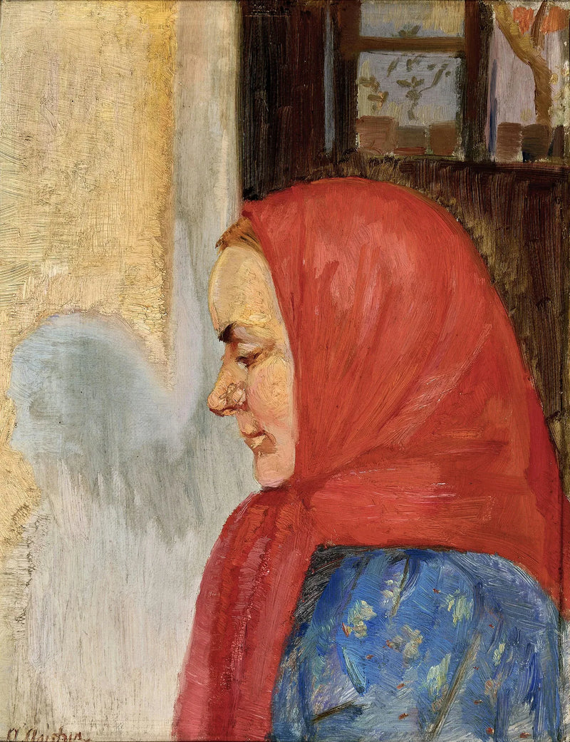 Nuori skagenilainen nainen punaisessa huivissa profiilissa. - Anna Ancher