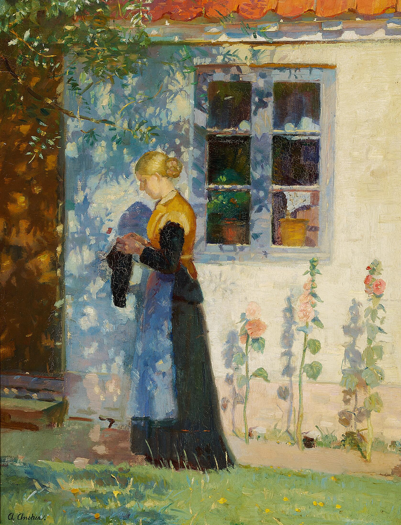 Nuori nainen seisoo talon edessä Skagenissa. - Anna Ancher