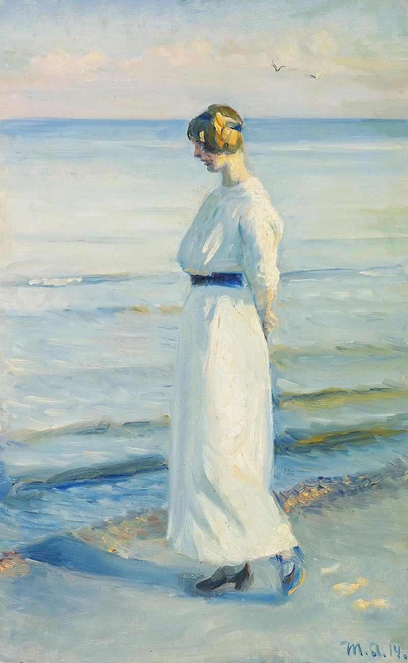 Nuori nainen valkoisessa kesämekossa Skagenin rannalla. - Michael Peter Ancher