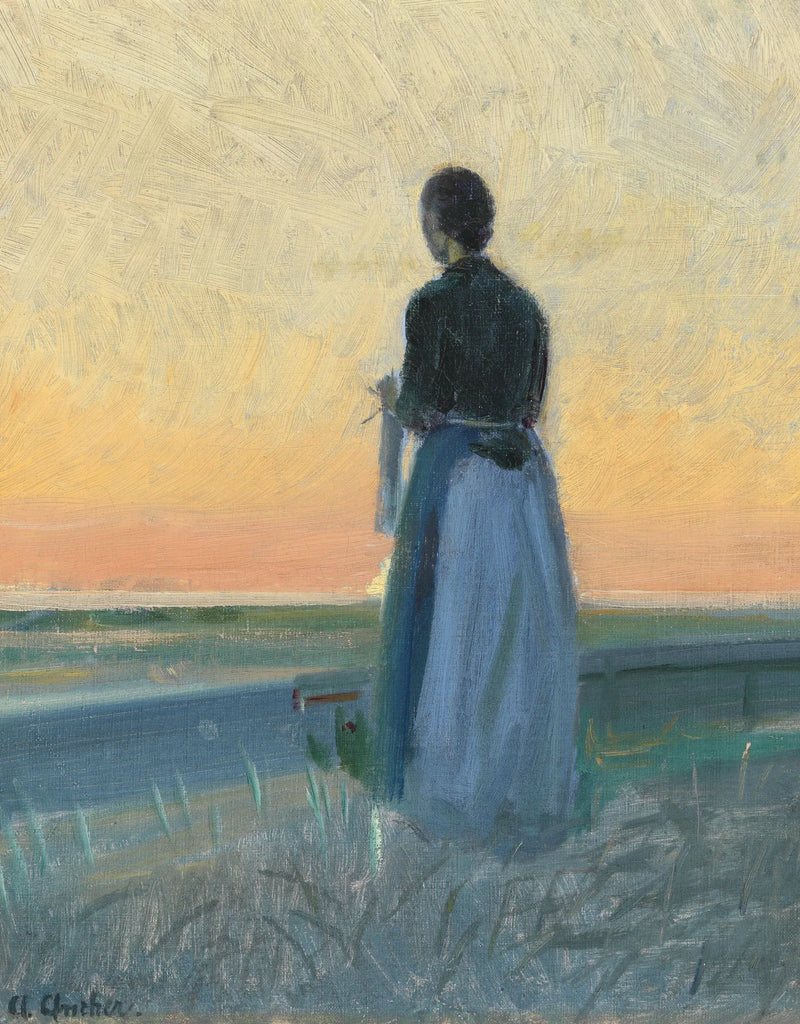 Nuori nainen neuloo auringonlaskun aikaan. - Anna Ancher
