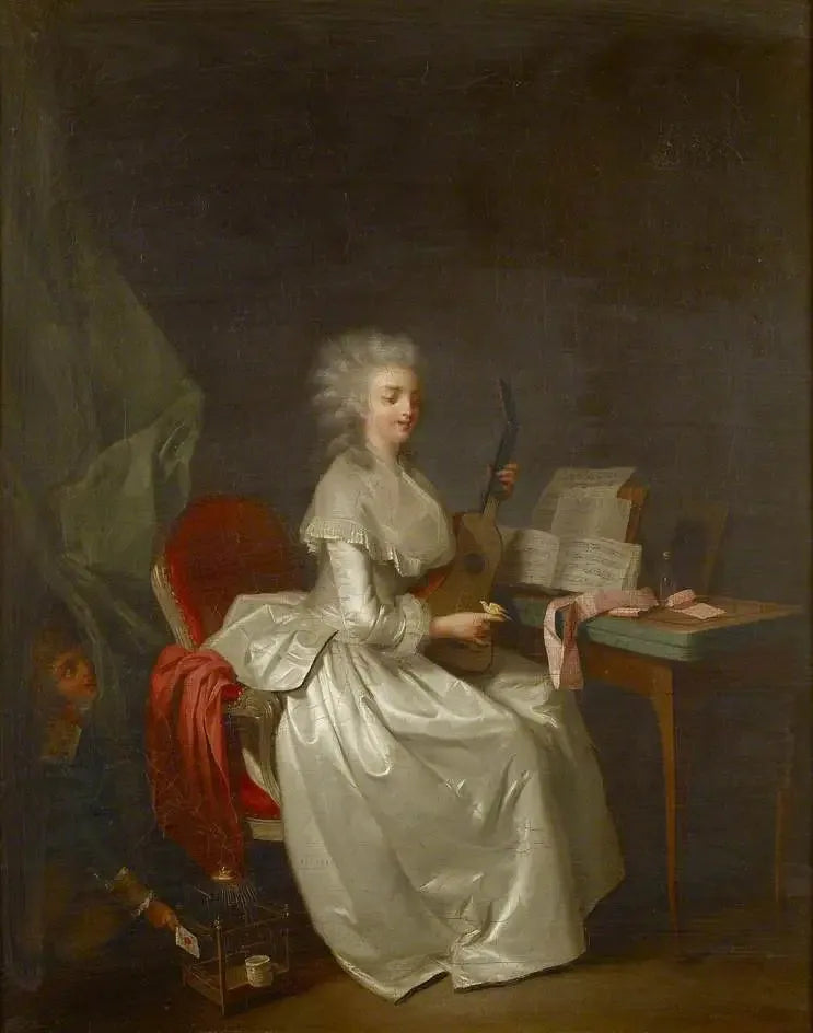 Nuori nainen soittamassa kitaraa, kädessään laulava lintu - Louis-Léopold Boilly