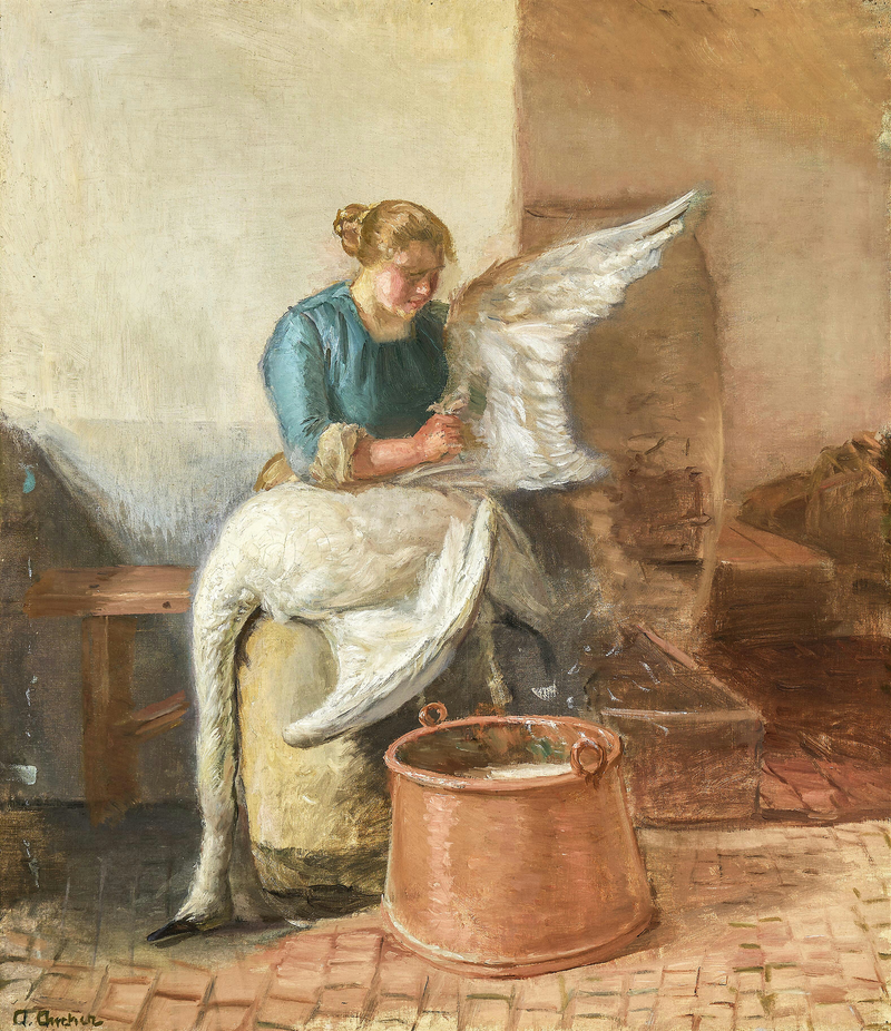 Nuori nainen nyppimässä joutsenta. - Anna Ancher