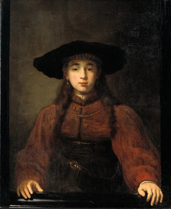 Une jeune femme posant ses mains sur le cadre photo - Rembrandt image 1 copie peinte à la main à l’huile