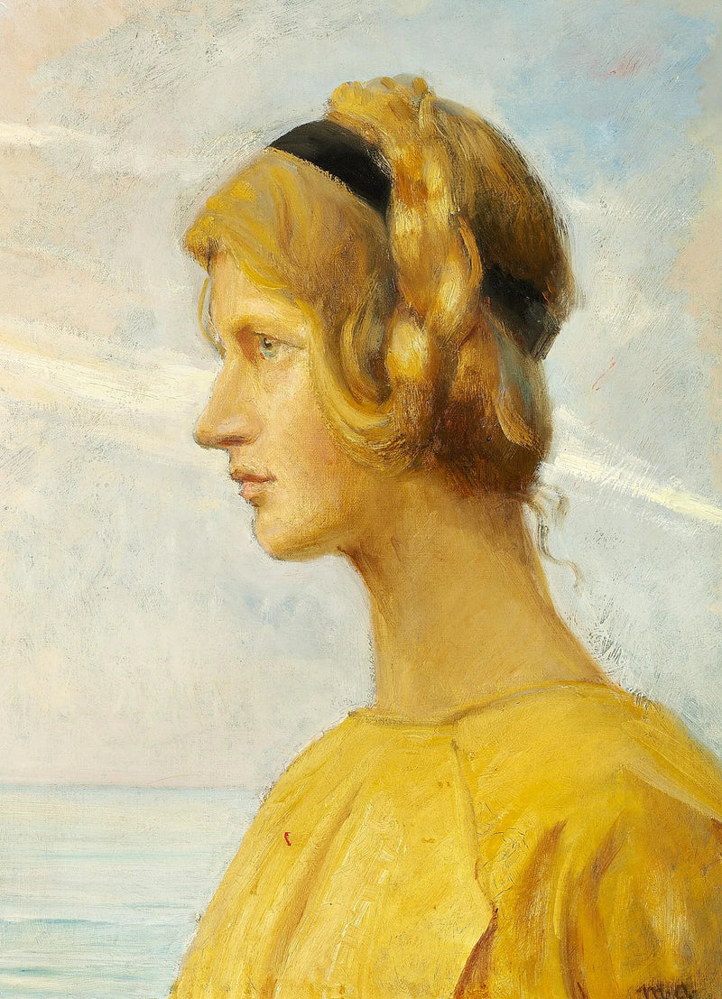Nuori tyttö Skagenista keltaisessa mekossa profiilissa meren taustalla. - Michael Peter Ancher