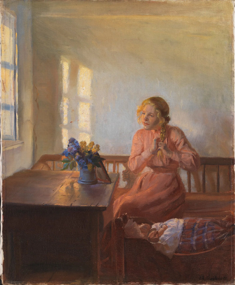 Nuori tyttö letittää hiuksensa - Anna Ancher