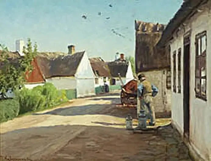 Kesäpäivä kylässä, jossa mies seisoo maitopönttöjen lähellä. - H. A. Brendekilde