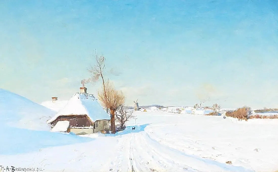 Une journée d'hiver ensoleillée avec des maisons, un moulin et des personnages. - H. A. Brendekilde image 1 reproduction réalisée par Alpha Reproduction