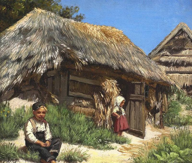 Talo oljella katto. Kesäpäivä sinisen ja lämpimän taivaan alla. Järjestetty kahden lapsen kanssa. - Peder Severin Krøyer