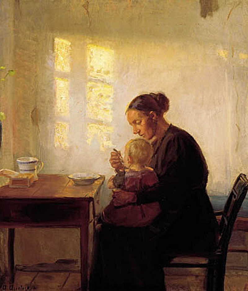 Äiti lapsensa kanssa auringonvalossa kylpevässä huoneessa. - Anna Ancher