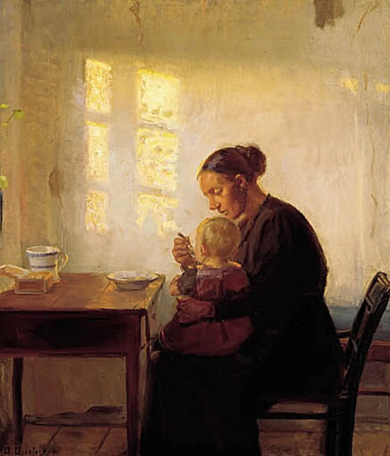 Äiti lapsensa kanssa auringonvalossa kylpevässä huoneessa. - Anna Ancher