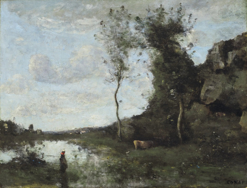 Maalaisnainen ja hänen lehmäntään lammikossa kylänäkymän äärellä - Jean-Baptiste Camille Corot