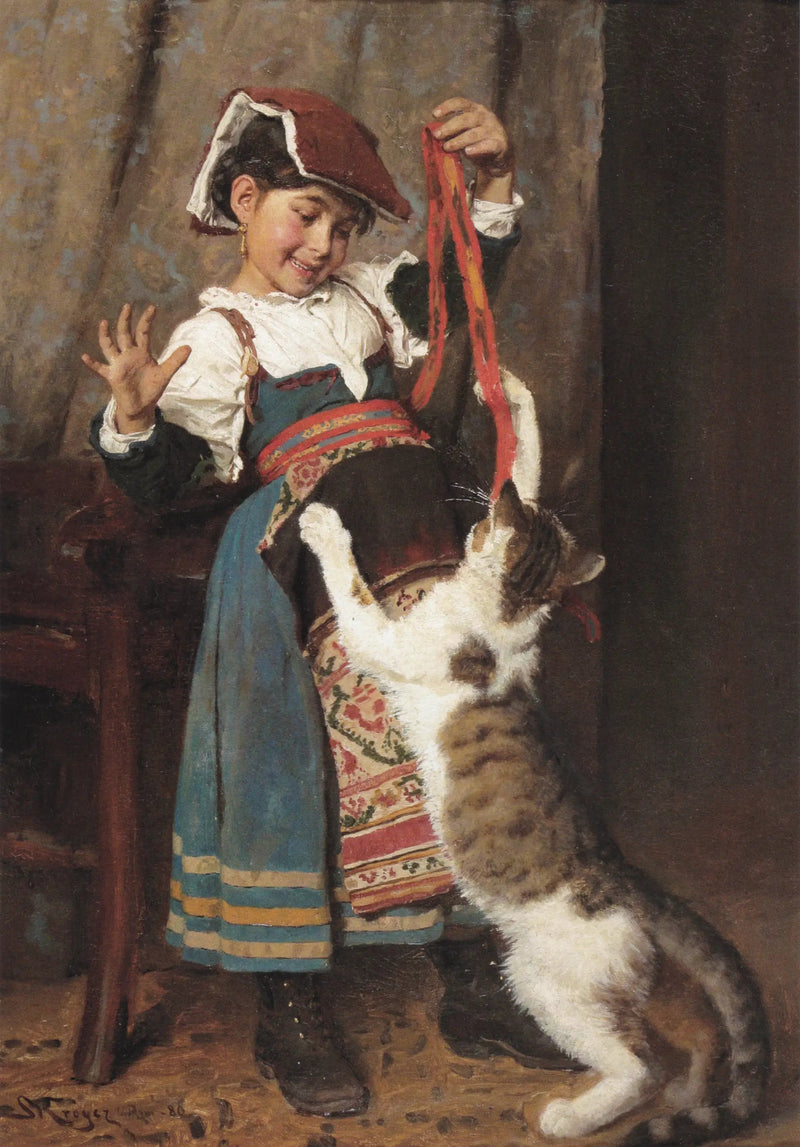 Pieni tyttö kansallispuvussa, leikkimässä kissan kanssa. - Peder Severin Krøyer