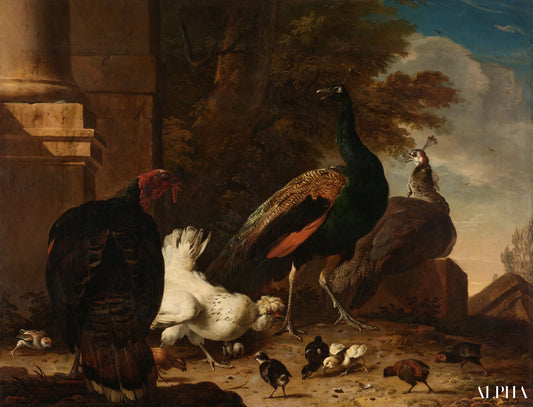 Une poule avec des paons et une dinde, vers 1680 - Melchior d'Hondecoeter - Reproductions de tableaux et peintures haut de gamme