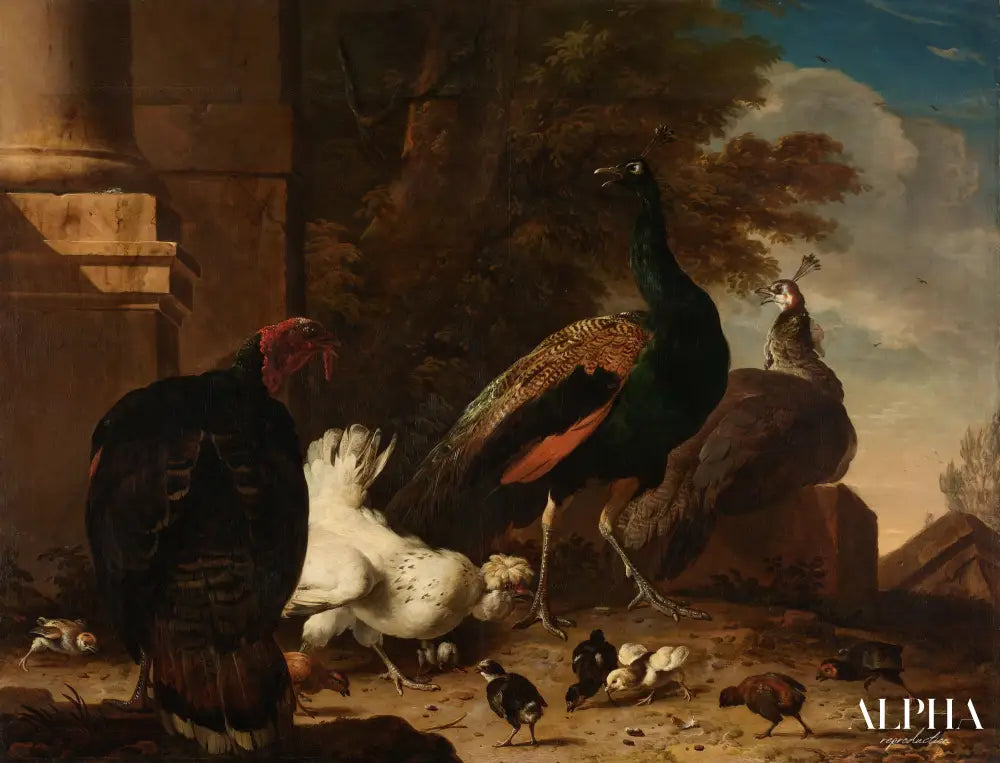 Une poule avec des paons et une dinde, vers 1680 - Melchior d'Hondecoeter - Reproductions de tableaux et peintures haut de gamme