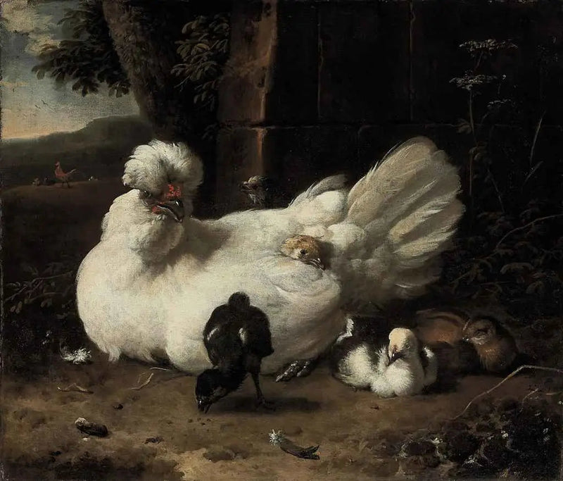 Kana ja poikasia maisemassa - Melchior de Hondecoeter