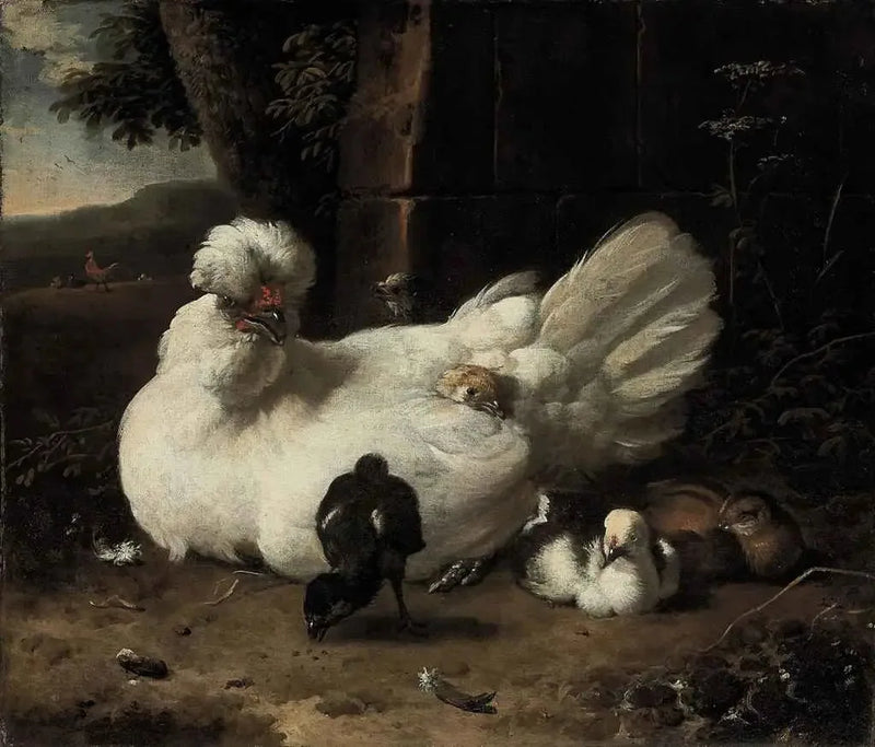Kana ja poikasia maisemassa - Melchior de Hondecoeter