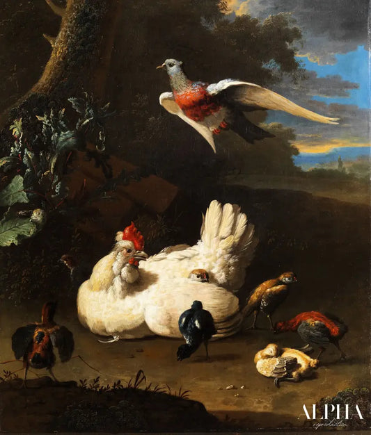 Une poule et ses poussins avec une colombe en vol près d'un arbre - Melchior d'Hondecoeter - Reproductions de tableaux et peintures haut de gamme