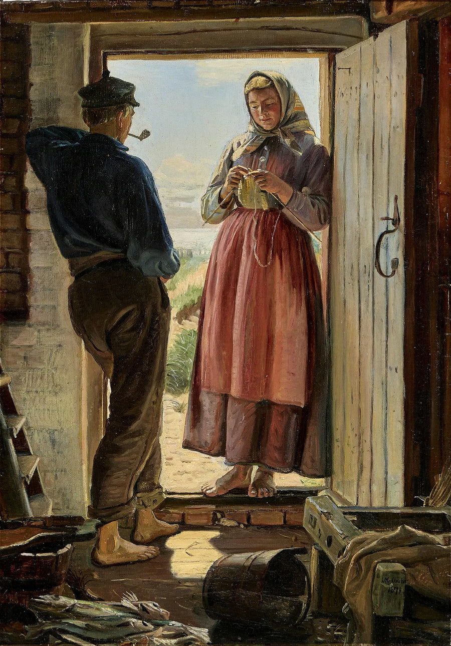 Ehdotus. Nuori kalastaja ja nuori nainen neulovat oviaukossa. - Michael Peter Ancher